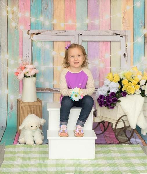 Kate Birthday Baby Colorful Wood Wall with Window Easter Backdrop for Children Designed by JFCC