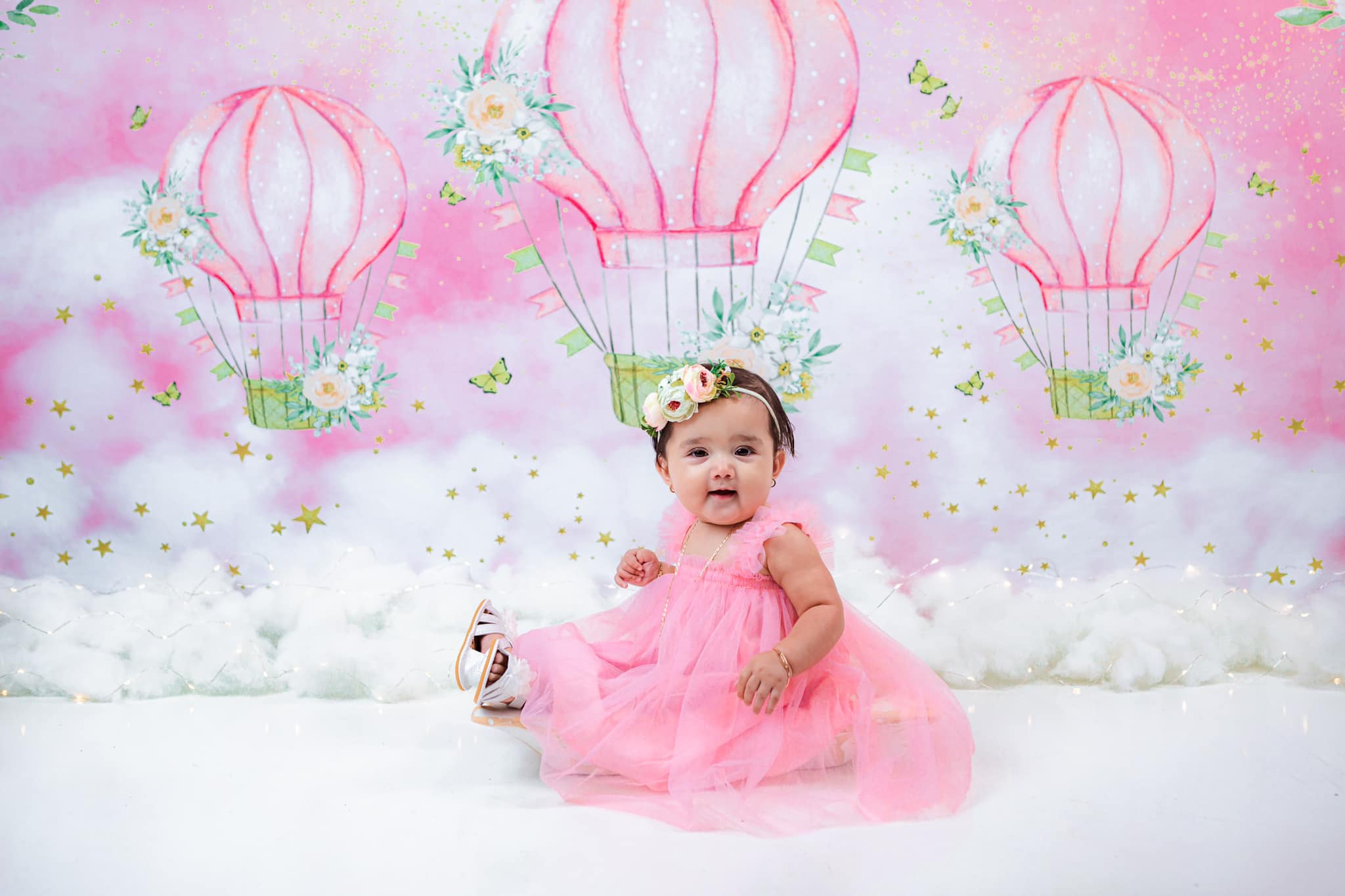Kate Cake Smash Backdrop Stars Pink Clouds Hot Air Balloons Designed By JS Photography - Kate Backdrop AU