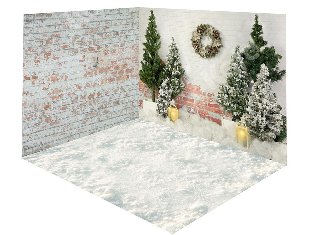 Kate Christmas Trees Brick Wall Snow Backdrop Room Set - Kate Backdrop AU