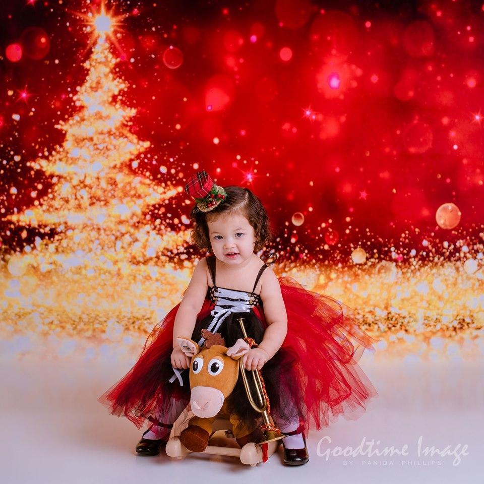 Kate Christmas Festival Party Photography Red Backdrop Golden Glittering Tree