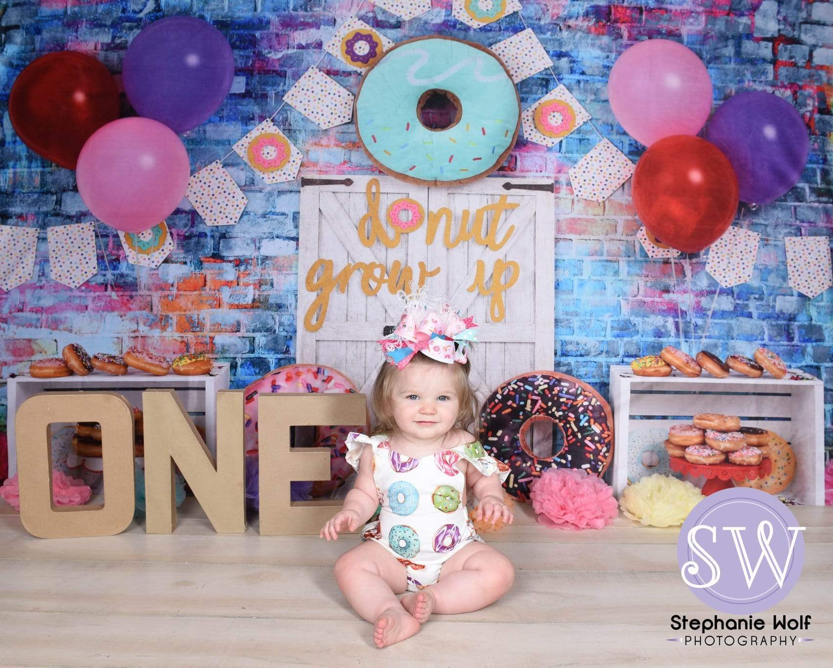Kate White Door Balloons Banner Do Nut Grow Up Birthday Children Backdrop - Kate Backdrop AU