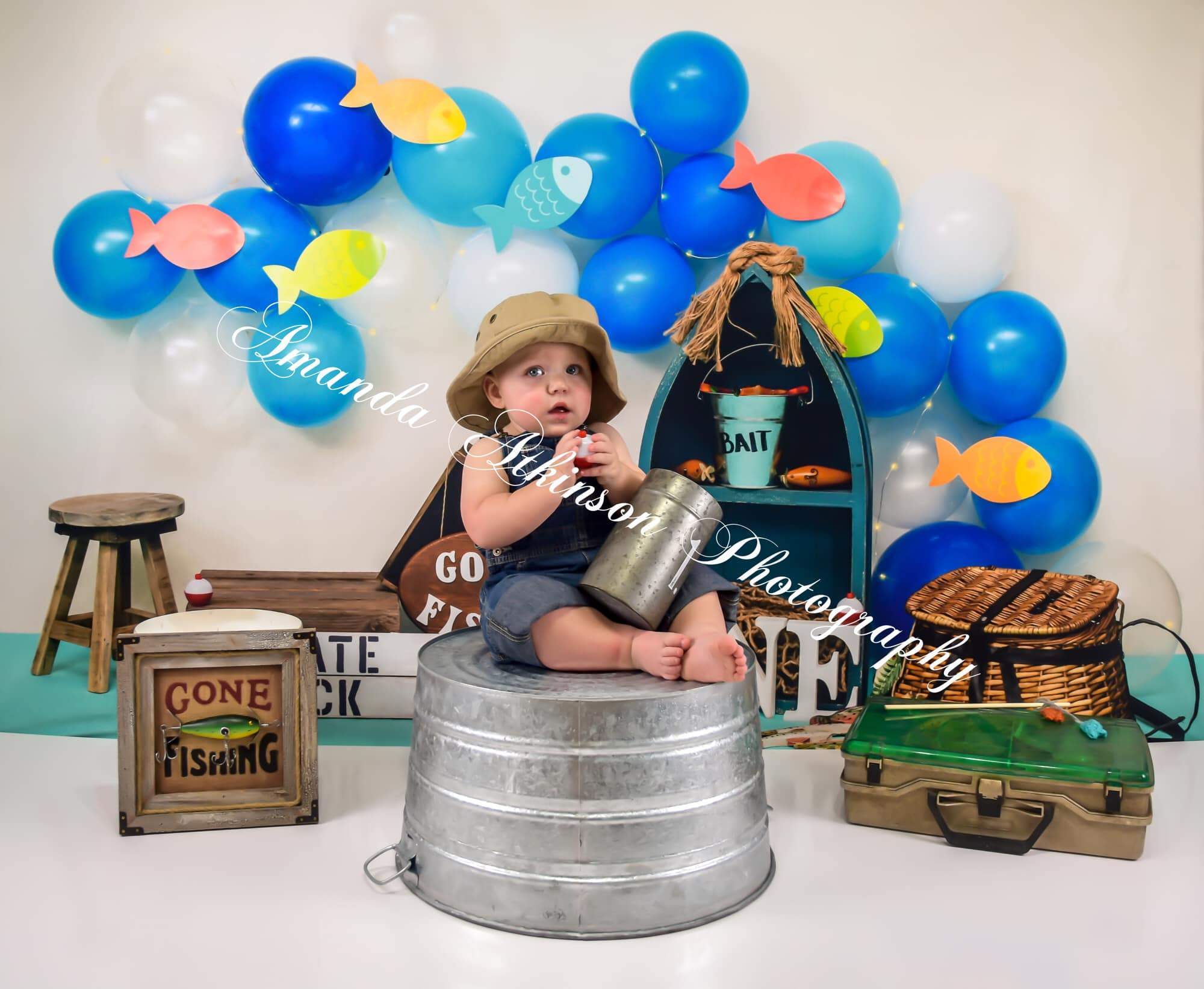 Kate Fish and Balloons Birthday Baby summer Backdrop for Photography Designed by Amberly Ware