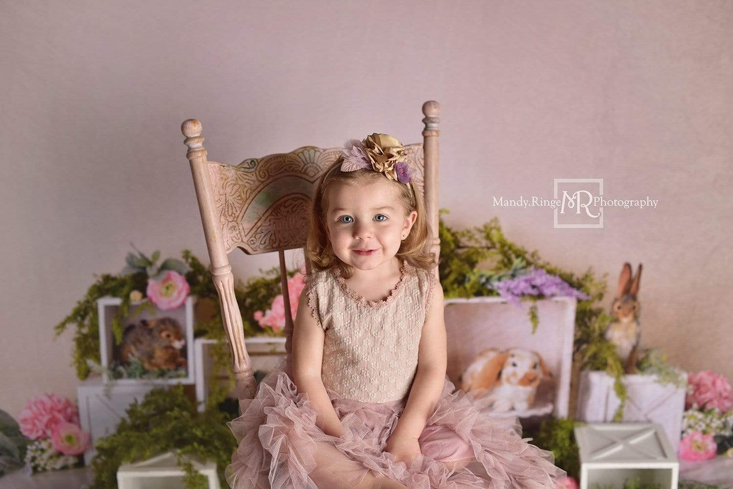 Kate Spring Rabbits Flowers Children Easter Backdrop for Photography Designed by Mandy Ringe Photography