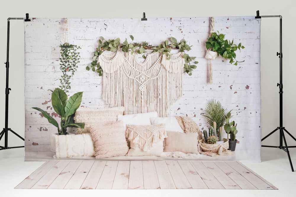 Kate Boho Macrame Floor Pillows with Plants Spring Backdrop Mother's Day Designed By Mandy Ringe Photography