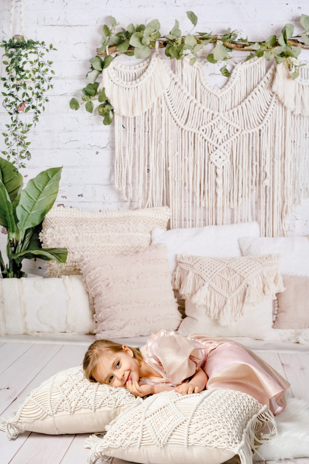 Kate Boho Macrame Floor Pillows with Plants Spring Backdrop Mother's Day Designed By Mandy Ringe Photography - Kate Backdrop AU