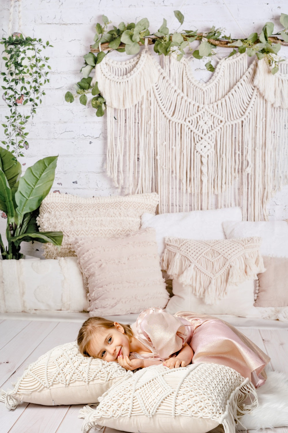 Kate Boho Macrame Floor Pillows with Plants Spring Backdrop Mother's Day Designed By Mandy Ringe Photography