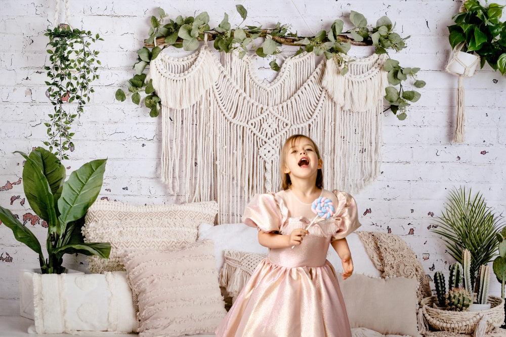 Kate Boho Macrame Floor Pillows with Plants Spring Backdrop Mother's Day Designed By Mandy Ringe Photography - Kate Backdrop AU