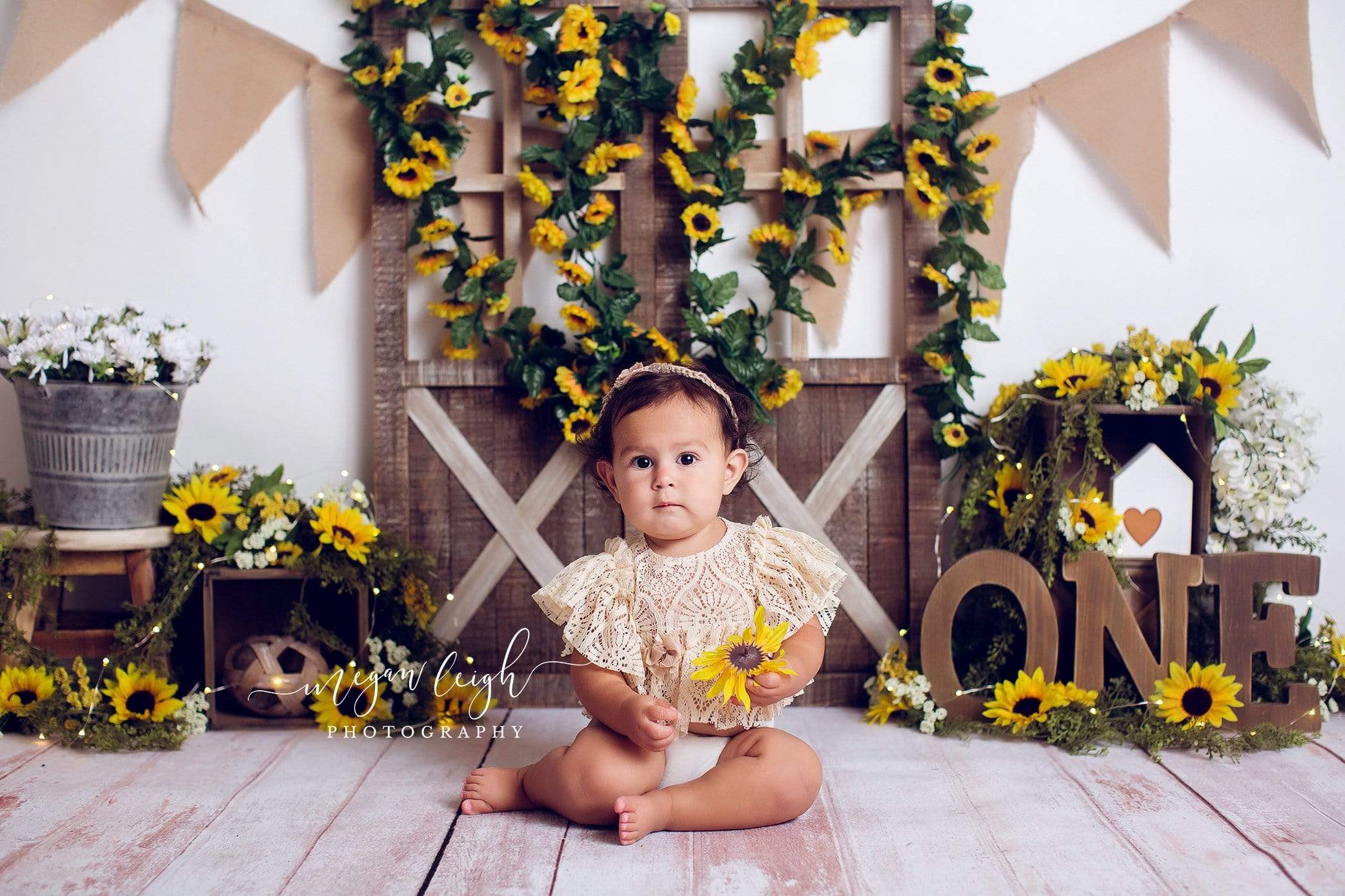 Kate Spring Sunflower Barn Door Decoration Backdrop Designed by Megan Leigh Photography