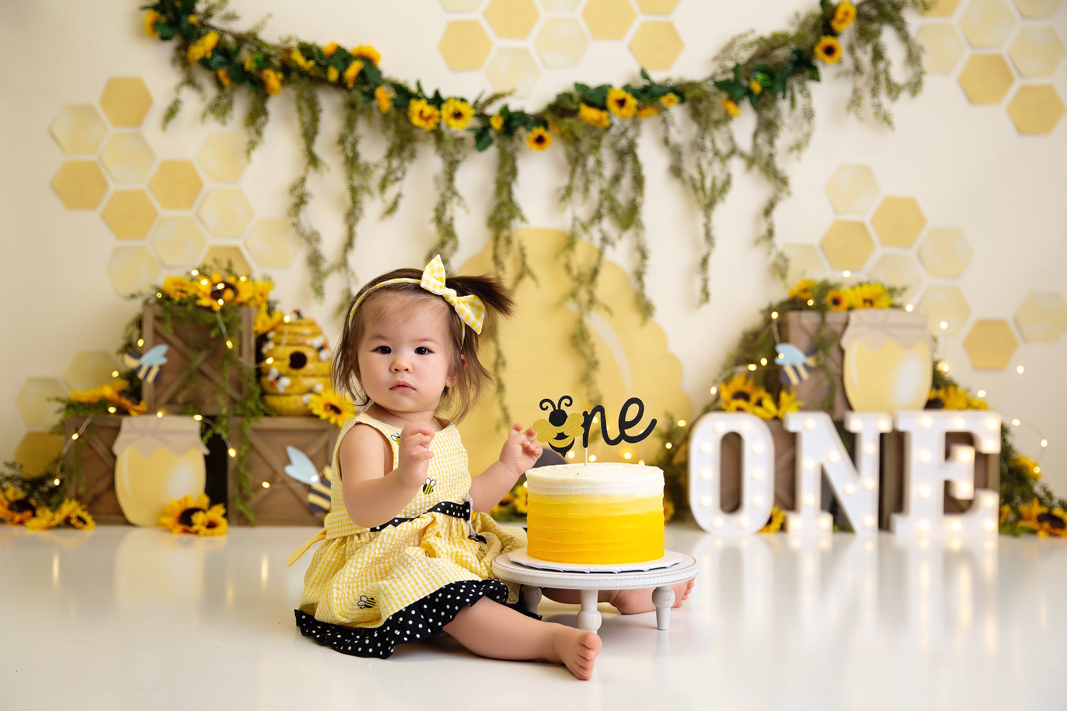 Kate Honey Bee Backdrop Sunflower Cake Smash Photography Designed by Megan Leigh Photography