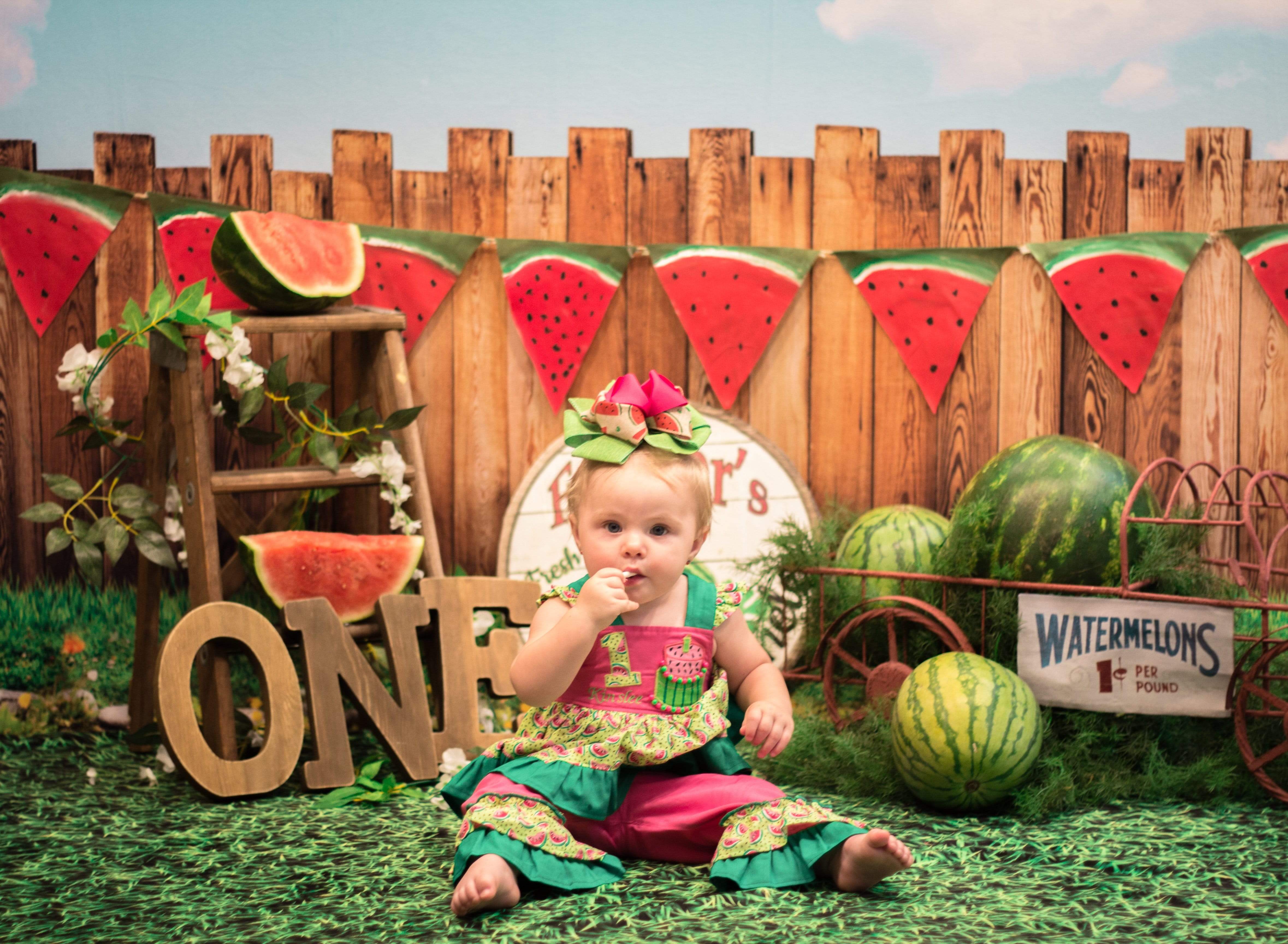 Kate Sunset Fence With Watermelons Birthday Backdrop for Photography Designed by Stephanie Gabbard