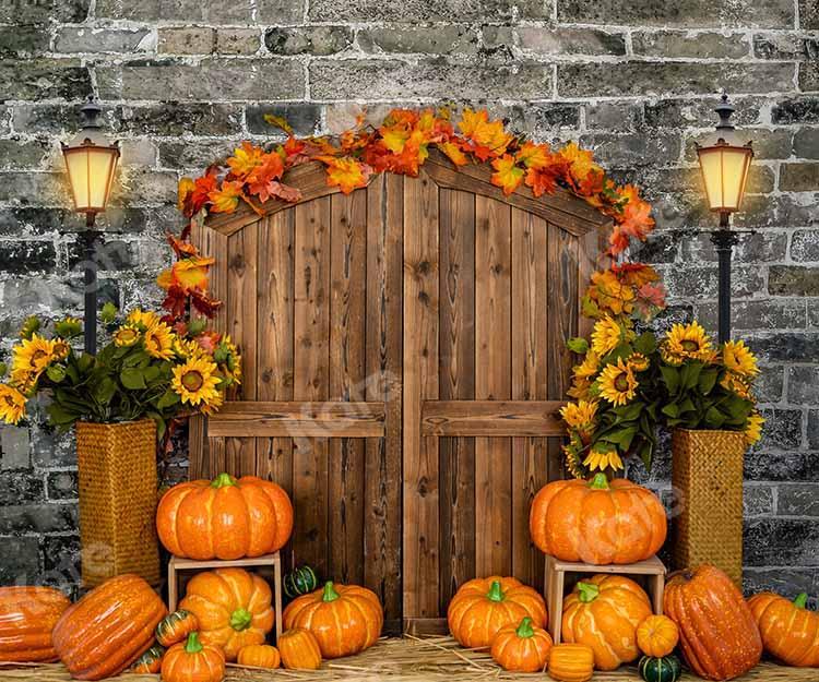 Kate Autumn Pumpkin Brick Barn Door Backdrop Designed by Emetselch - Kate Backdrop AU