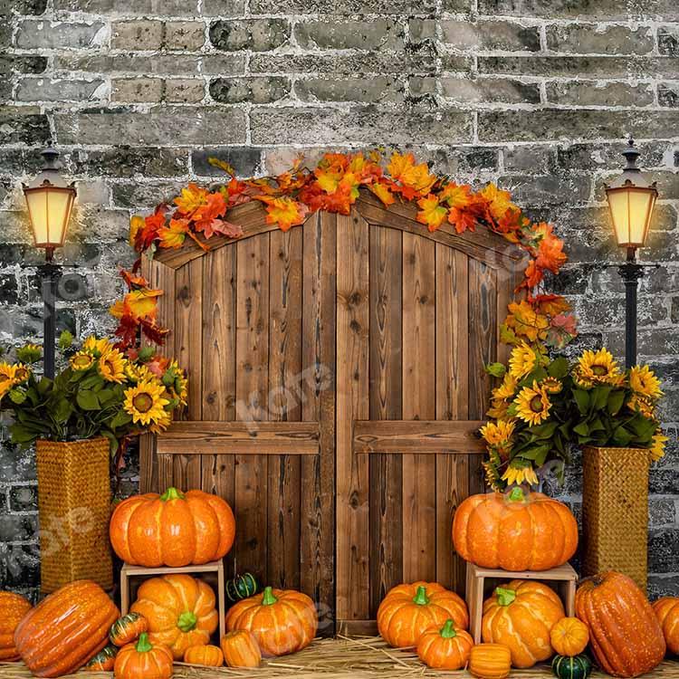 Kate Autumn Pumpkin Brick Barn Door Backdrop Designed by Emetselch - Kate Backdrop AU
