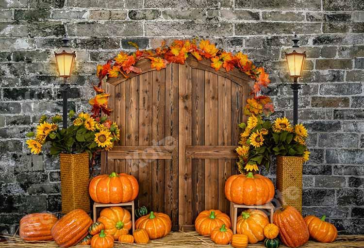 Kate Autumn Pumpkin Brick Barn Door Backdrop Designed by Emetselch