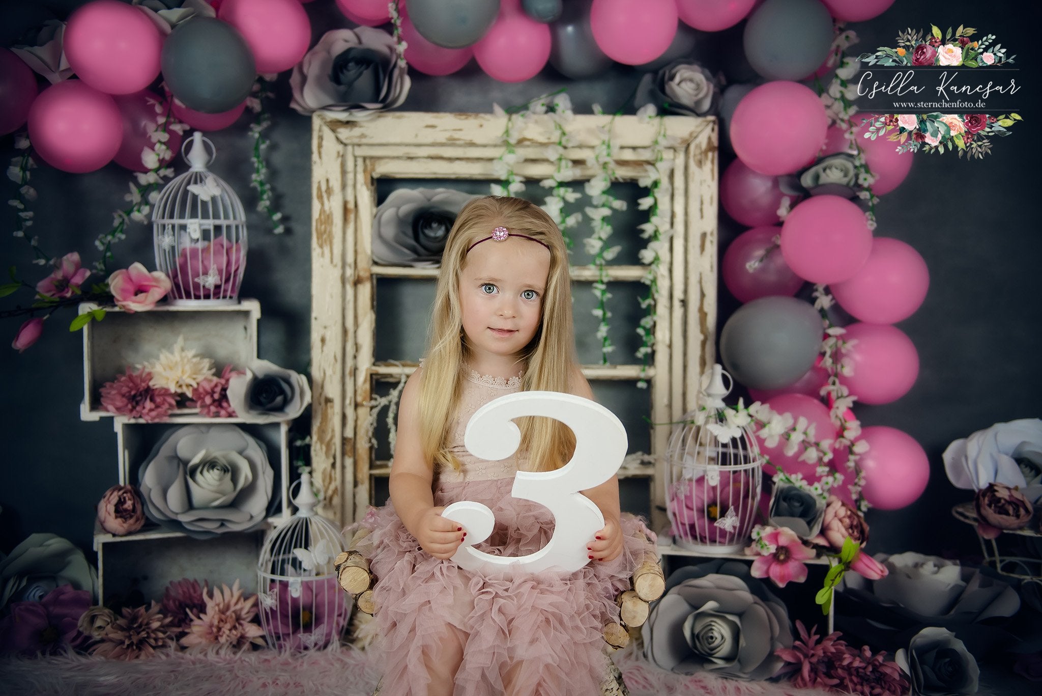 Kate Cake Smash Backdrop Grey&Pink Balloons Designed by Csilla Kancsar - Kate Backdrop AU