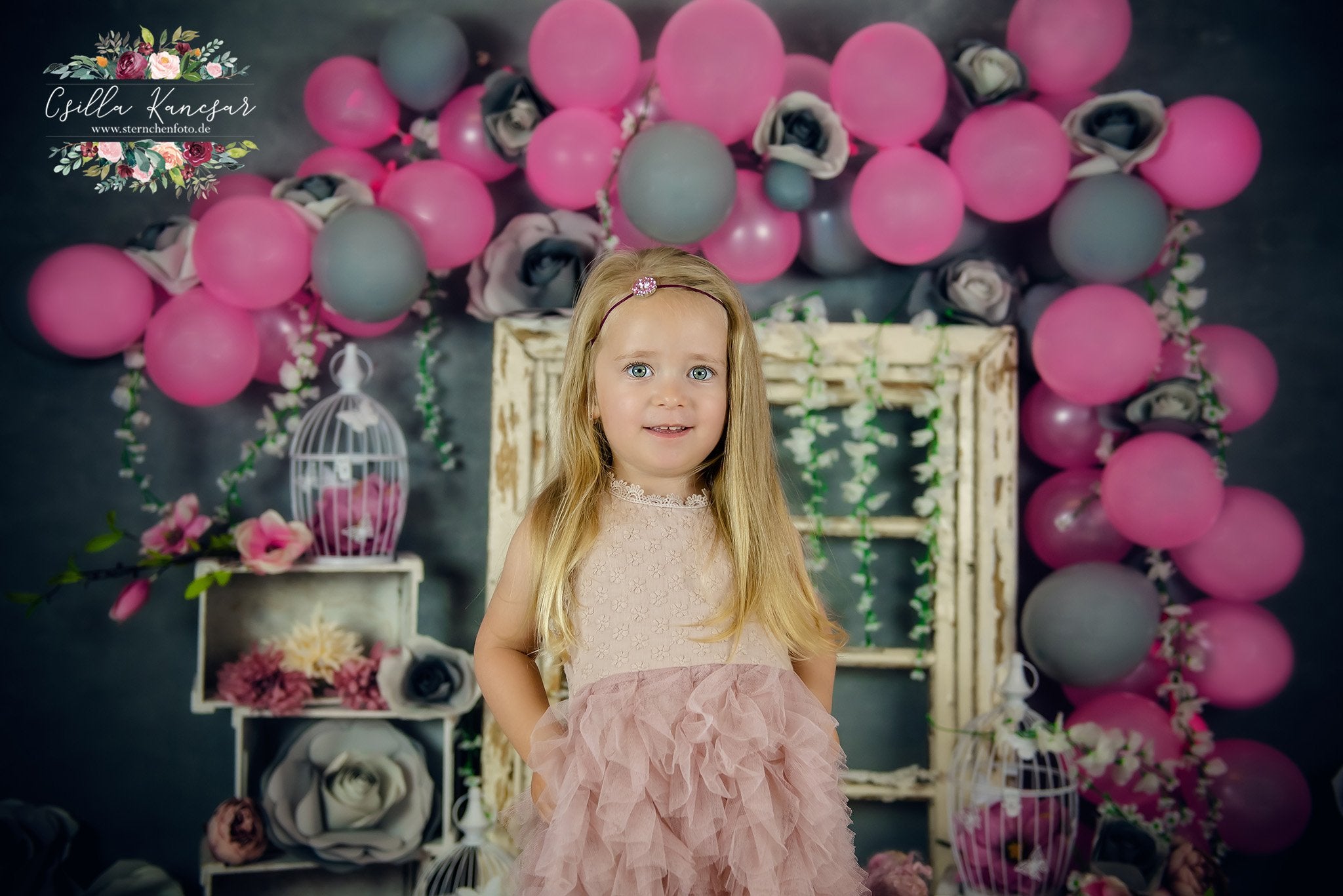 Kate Cake Smash Backdrop Grey&Pink Balloons Designed by Csilla Kancsar - Kate Backdrop AU