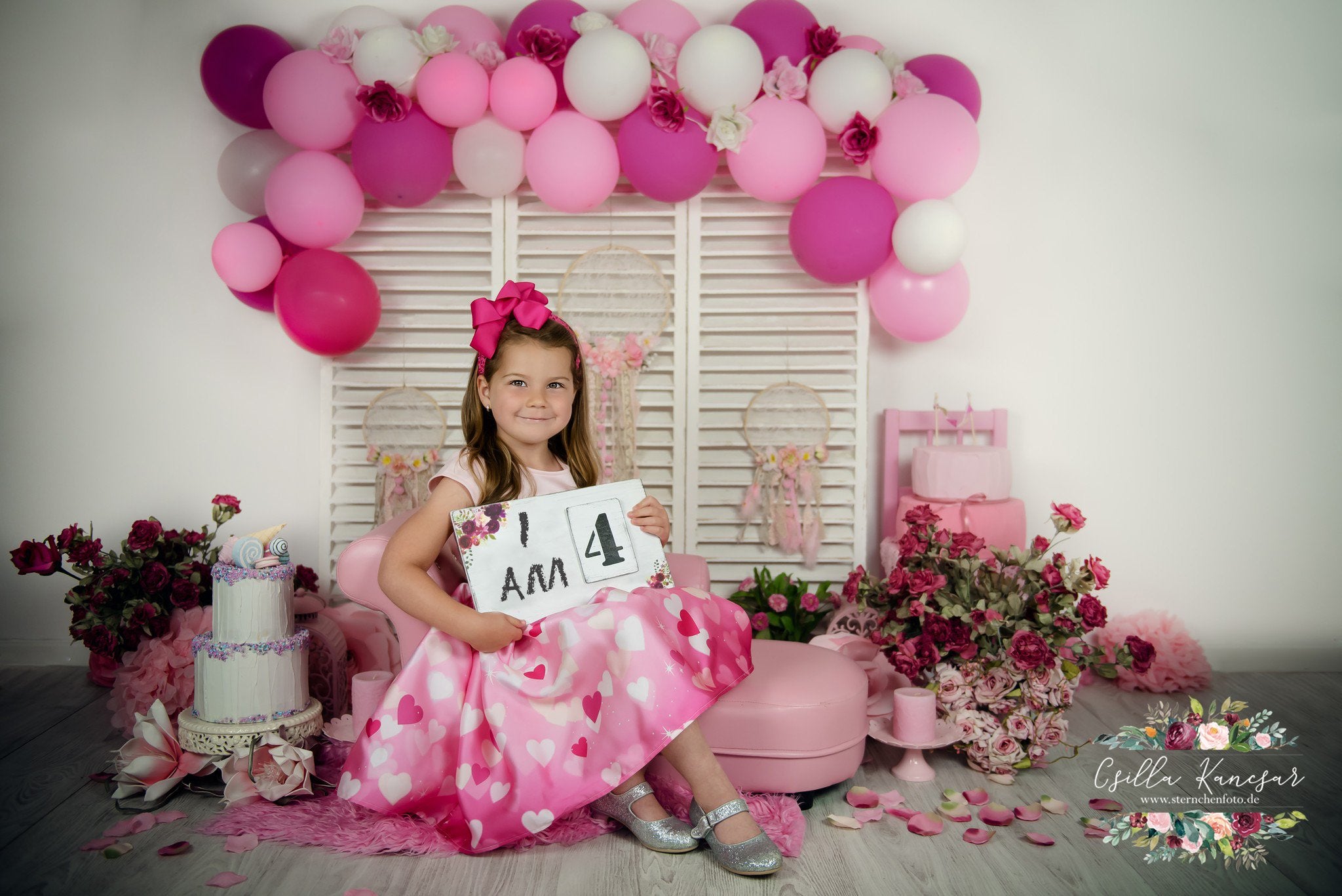 Kate Cake Smash Backdrop Pink Florals Balloons Designed by Csilla Kancsar